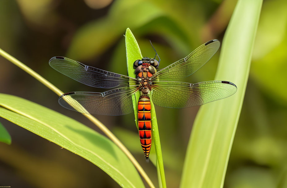 Colorful dragonfly perched on green leaf with transparent wings.