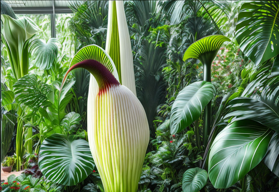 Lush tropical greenhouse with vibrant plants and unique flower