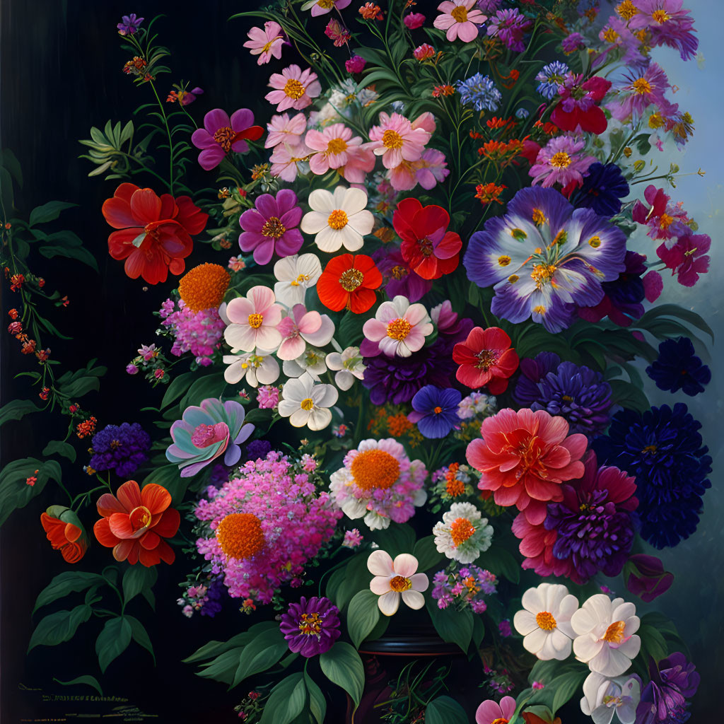 Colorful Flower Painting with Pink, Red, Purple Blooms