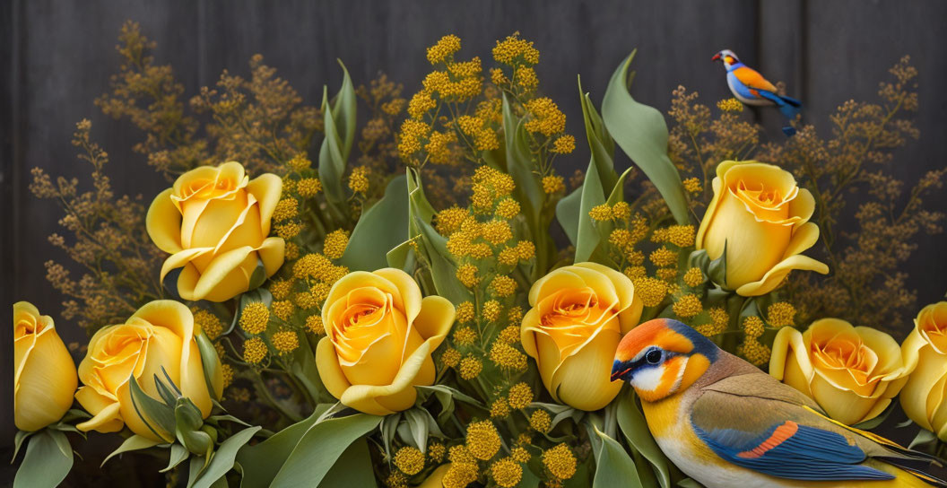 Yellow Roses and Greenery with Artificial Birds in Vibrant Arrangement