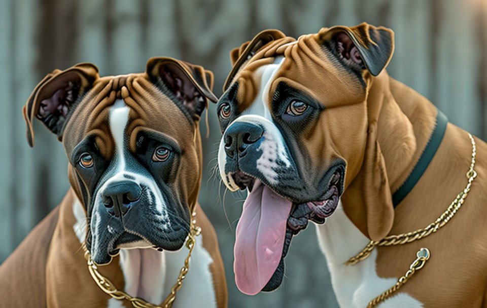 Two boxer dogs with gold chains, one looking ahead and the other to the side, with loll