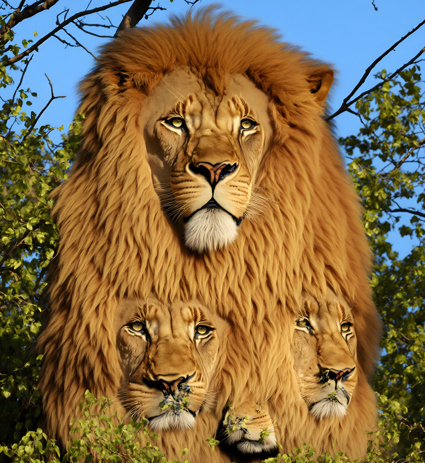 Surreal lion with multiple faces in mane against blue sky and green foliage