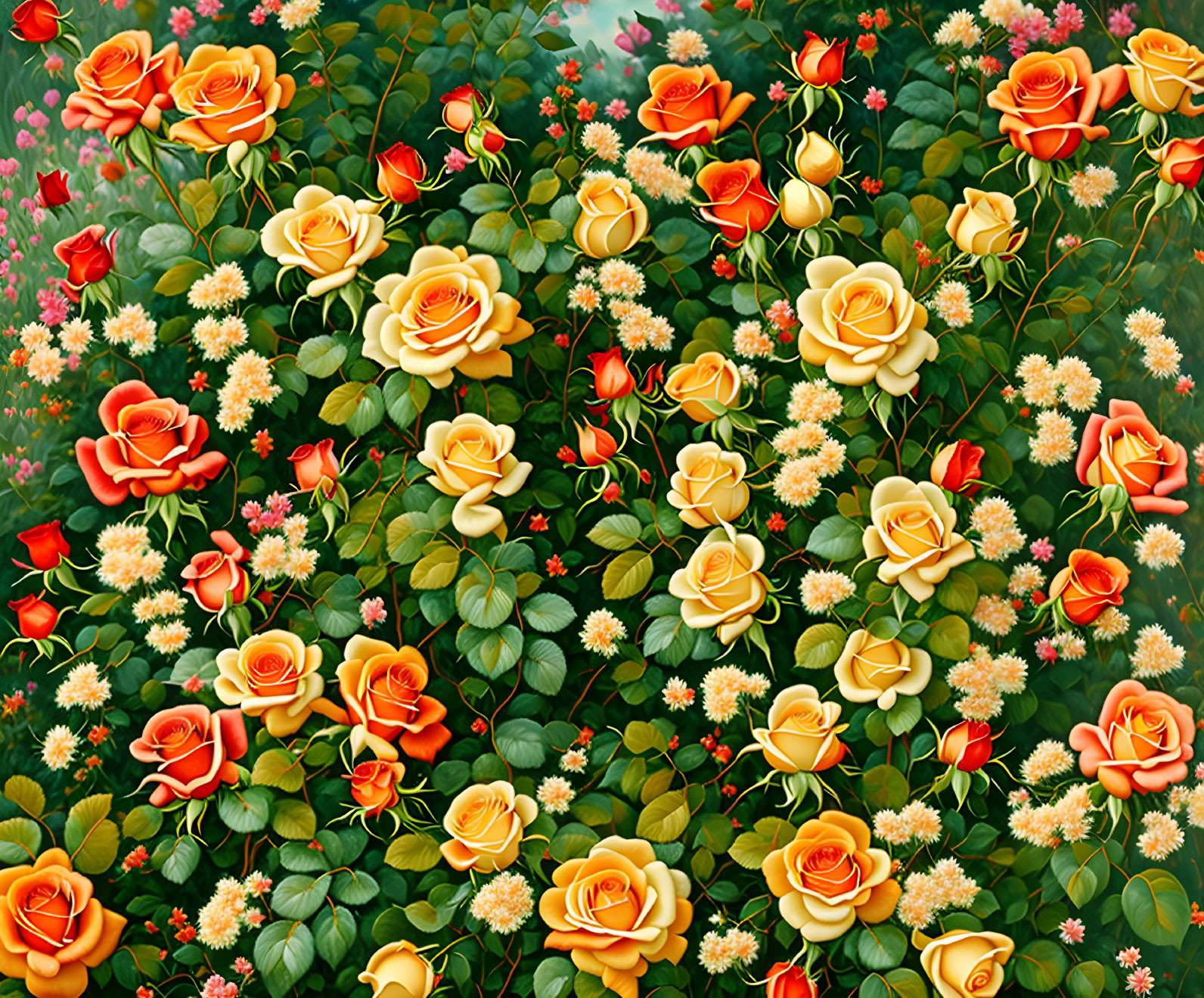 Colorful Floral Pattern with Orange and Red Roses on Foliage Background