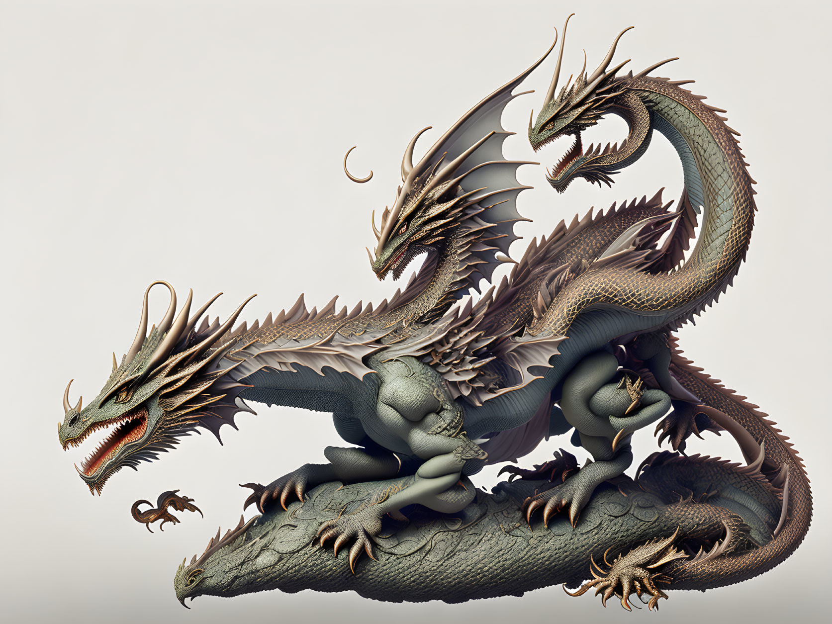 Intricate multi-headed dragon artwork with fierce expressions