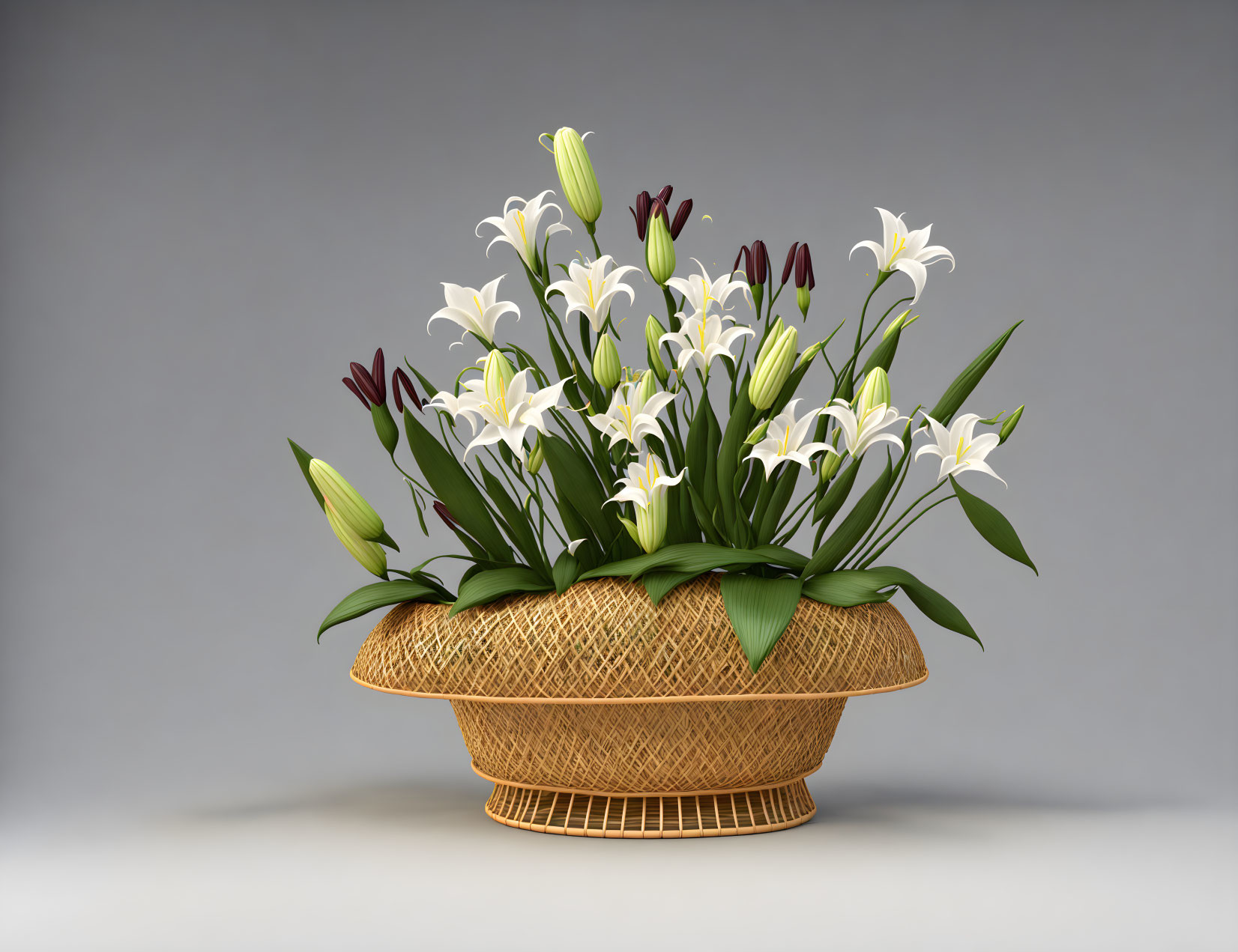 White lilies and green leaves in a basket on gray background