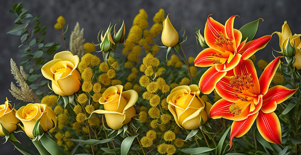 Vibrant Yellow Roses and Orange Lilies with Green Foliage on Dark Background