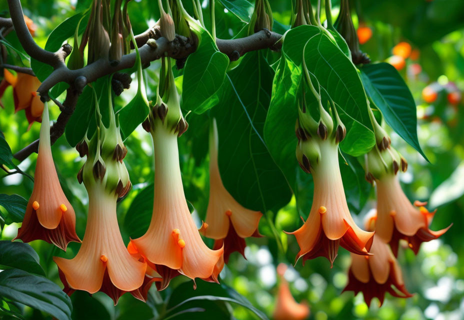 Orange Angel's Trumpet Flowers on Branch with Green Leaves