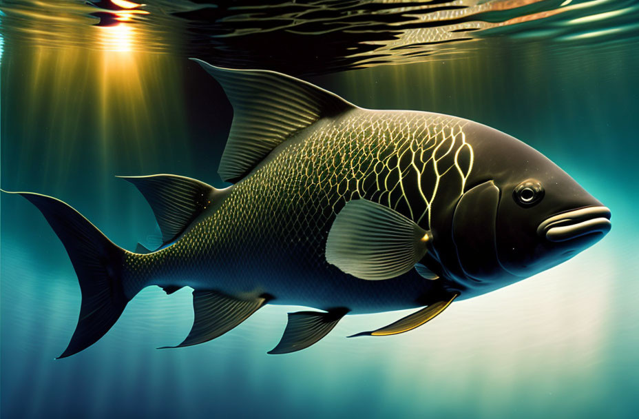 Black Fish with Golden Patterns Swimming Underwater