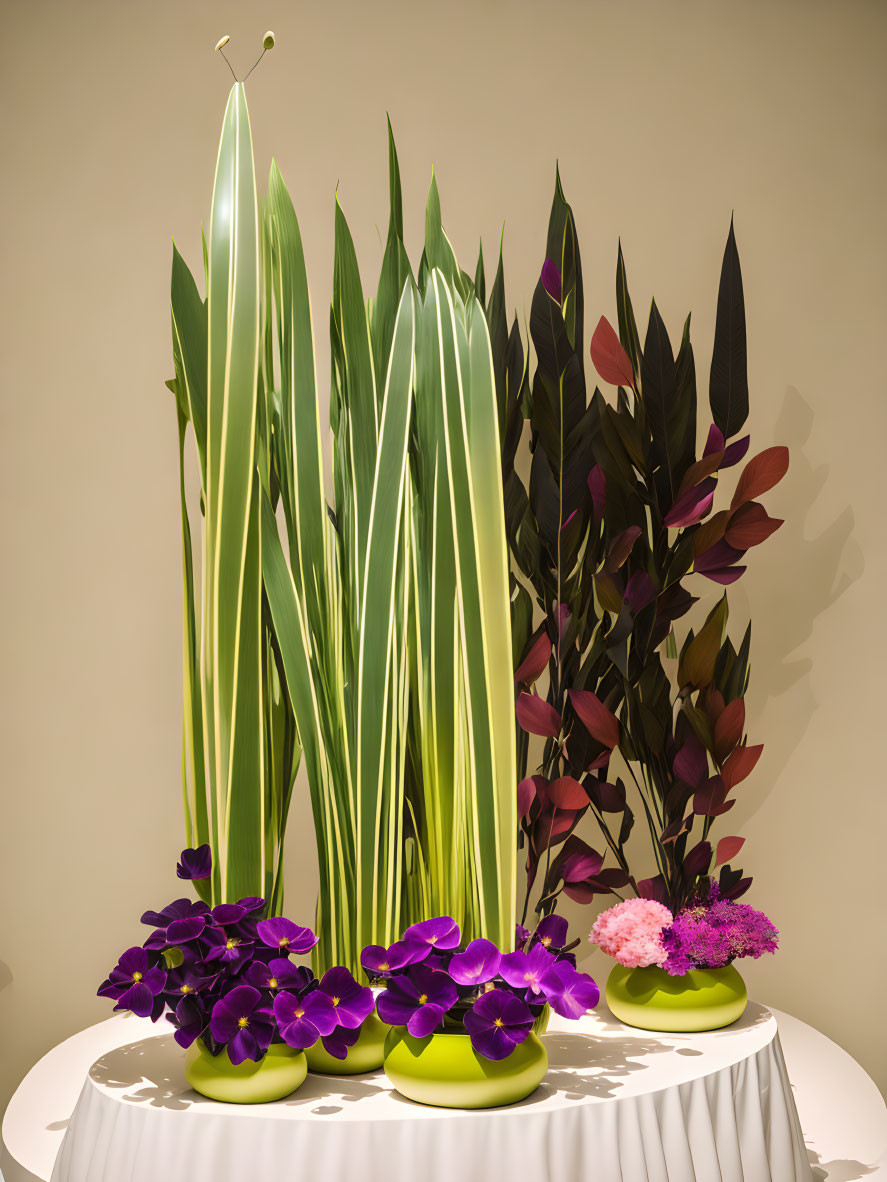 Artificial floral arrangement with tall green leaves, black accents, purple flowers, and pink blooms on cream