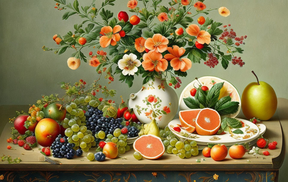 Colorful fruit still life with floral arrangement on table