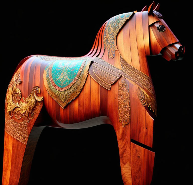 Colorful Wooden Carousel Horse on Black Background