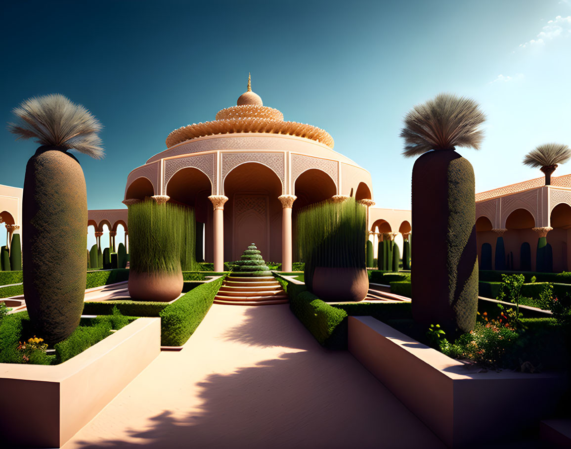 Palace with dome, arches, symmetrical gardens, palm trees under clear sky