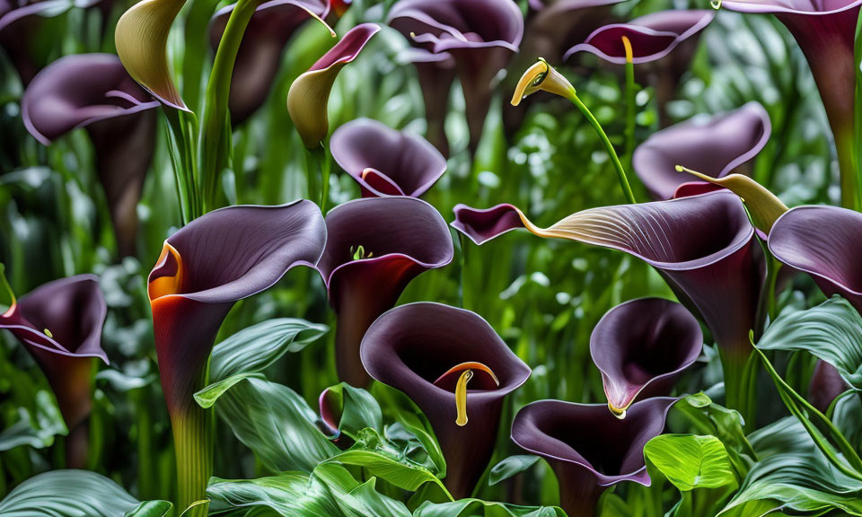 Dark Purple Trumpet-Shaped Calla Lilies with Yellow Spathes