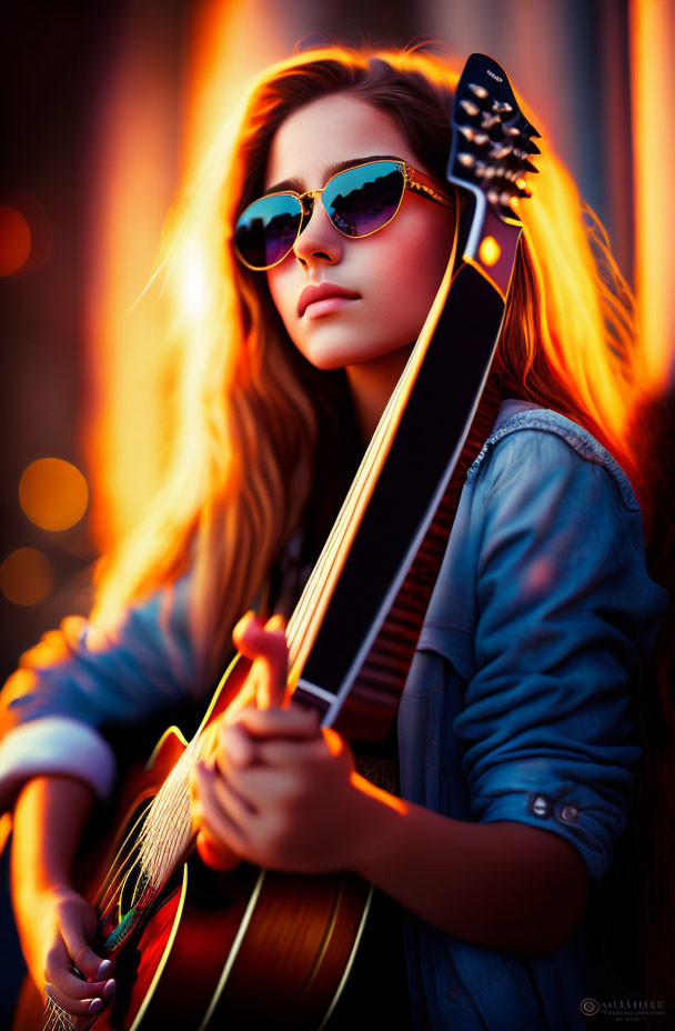 Young woman in sunglasses holding guitar at sunset with urban backdrop