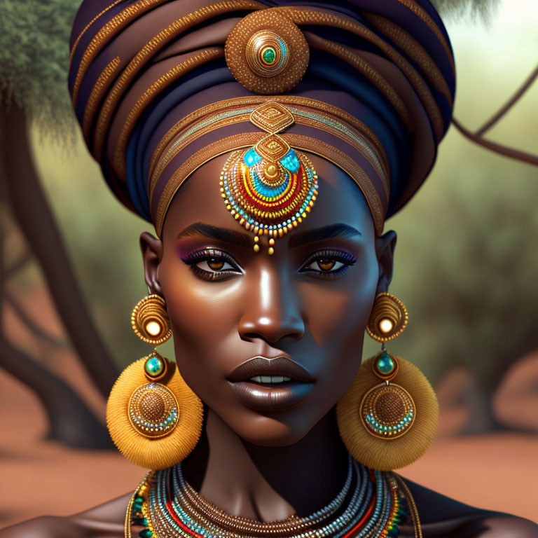 Portrait of woman with blue eyeshadow & golden headdress against African savannah.