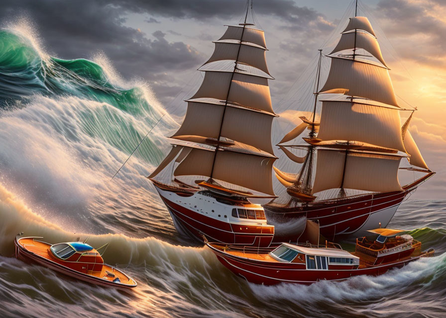 Large sailing ship on stormy sea at sunset with smaller boats.