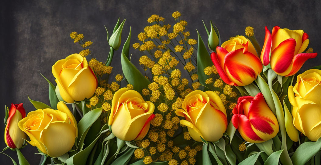 Colorful Bouquet of Yellow Roses and Red-Yellow Tulips on Dark Background