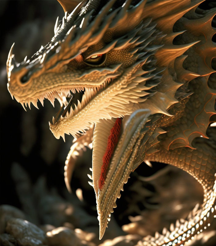 Detailed Image of Fierce Dragon with Golden Scales and Glaring Eyes