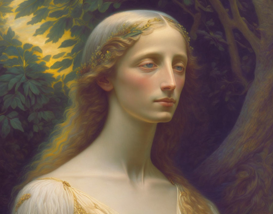 Classic painting of serene woman with long wavy hair and golden leaf crown against lush foliage background