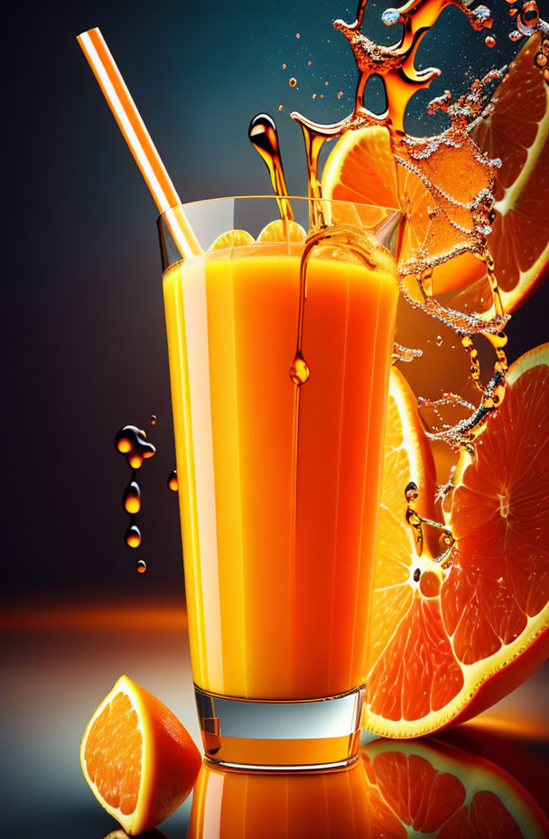 Fresh orange juice glass with slices and straw on warm backdrop