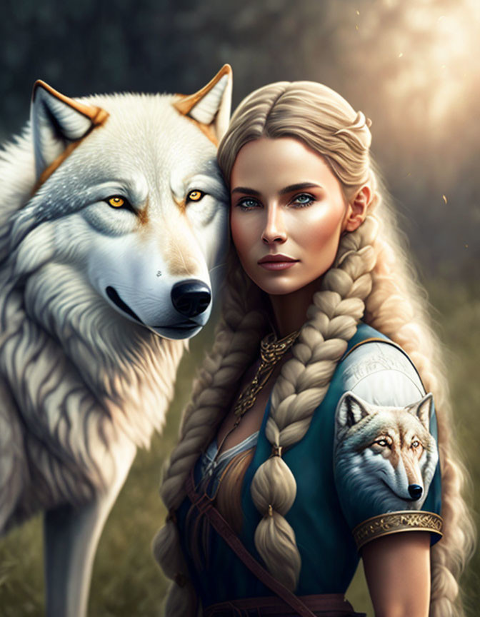 Fantasy art of woman with braided hair and wolf in mystical forest