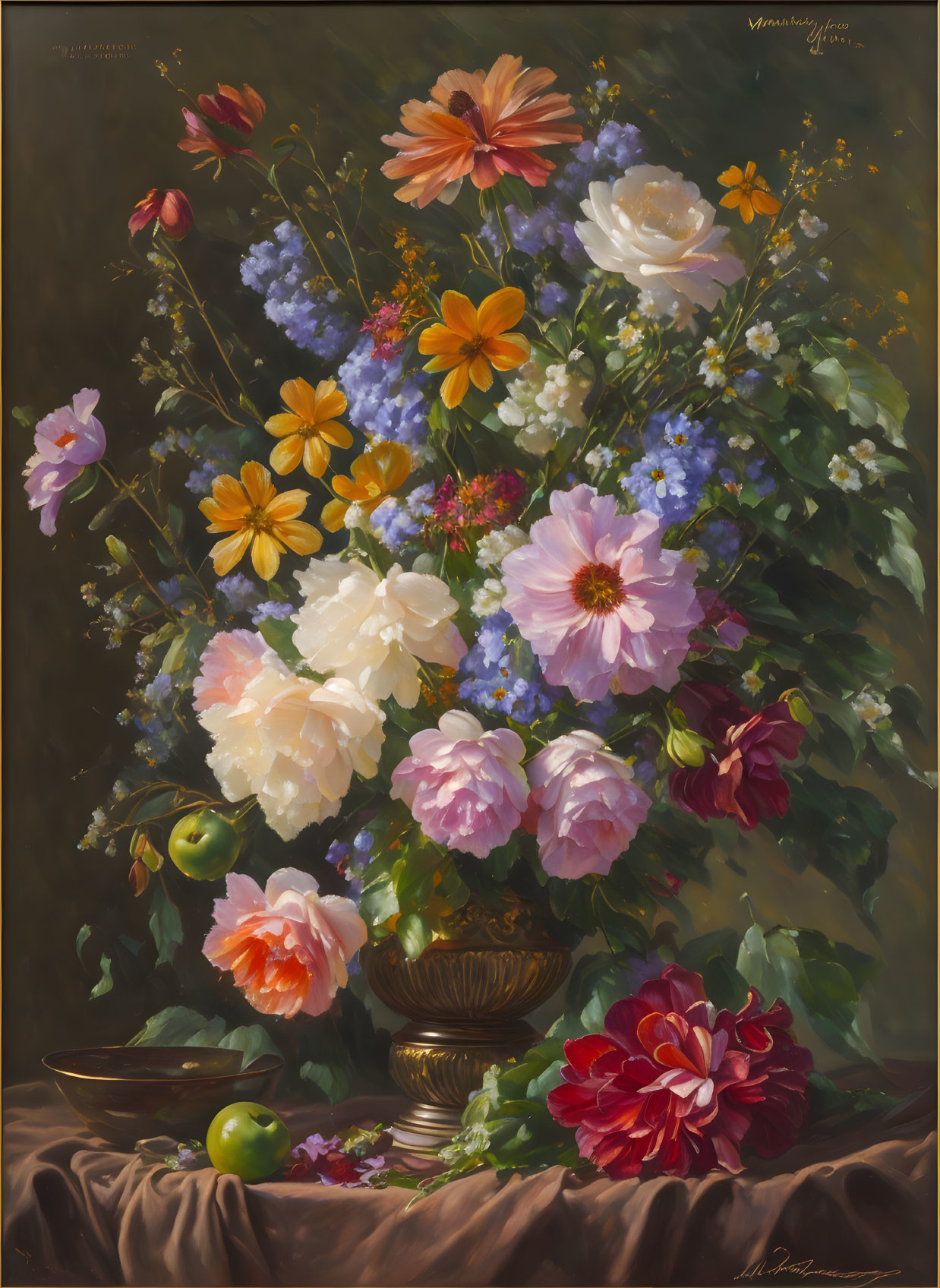 Traditional Still Life Painting: Colorful Flowers in Bronze Vase