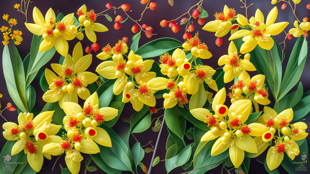 Yellow Flowers, Red Berries, and Green Leaves on Muted Background