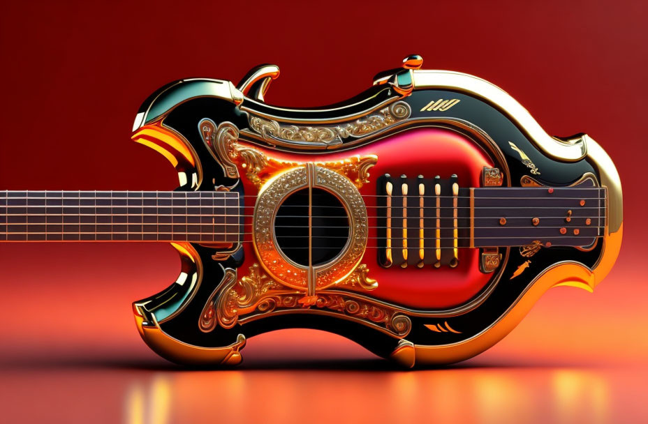 Black and Gold Ornate Electric Guitar on Red Background