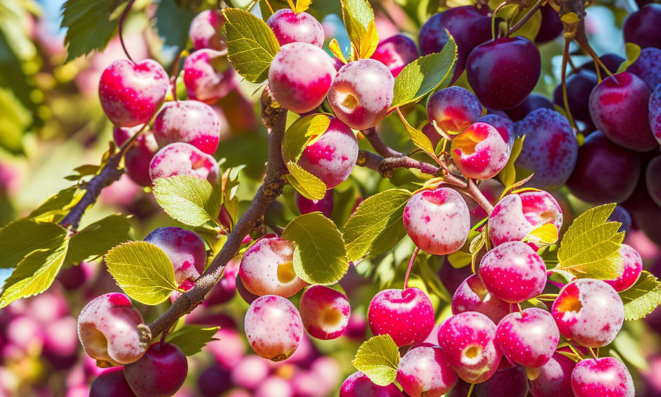 Ripe red plums hanging on tree branches in sunlight