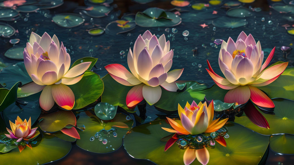 Pink and Yellow Water Lilies Bloom on Green Lily Pads