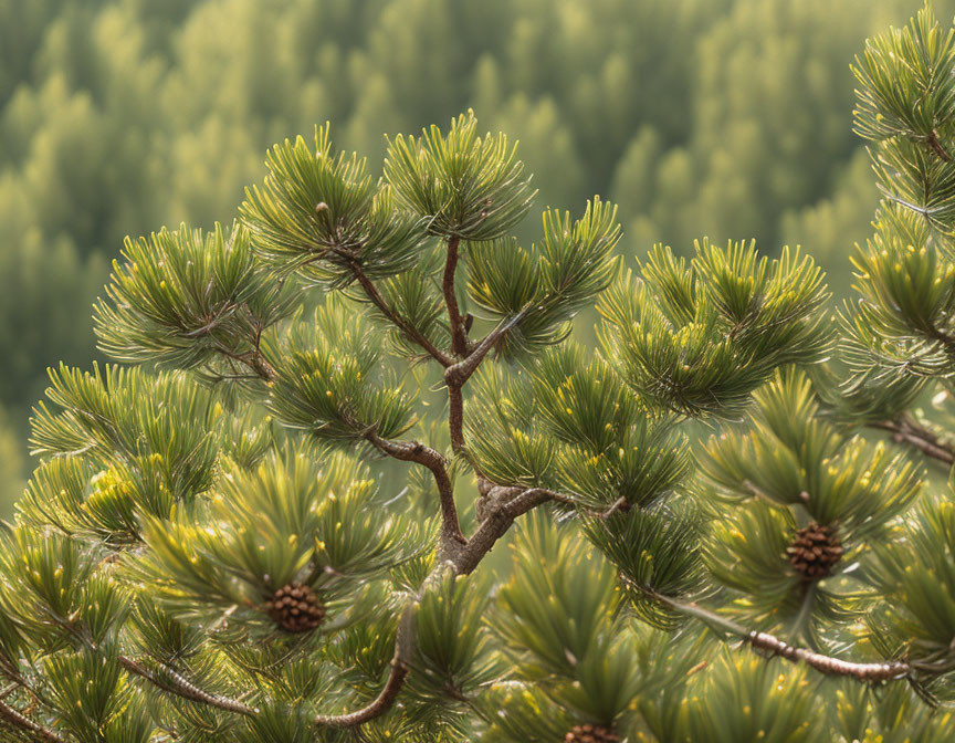 Green pine branches with needles and pine cones against forest backdrop