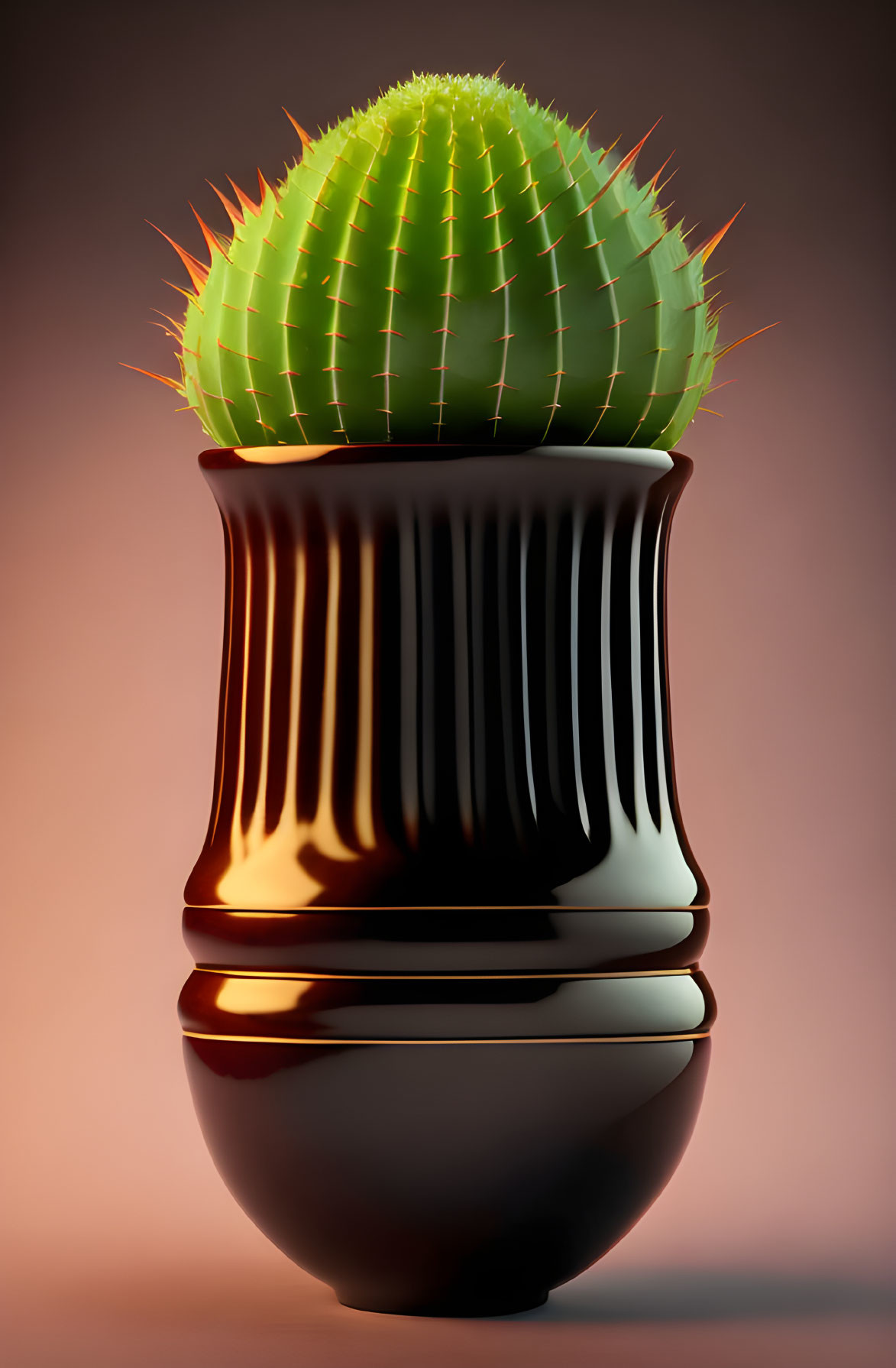 Green cactus with sharp spines in black and white pot on gradient backdrop