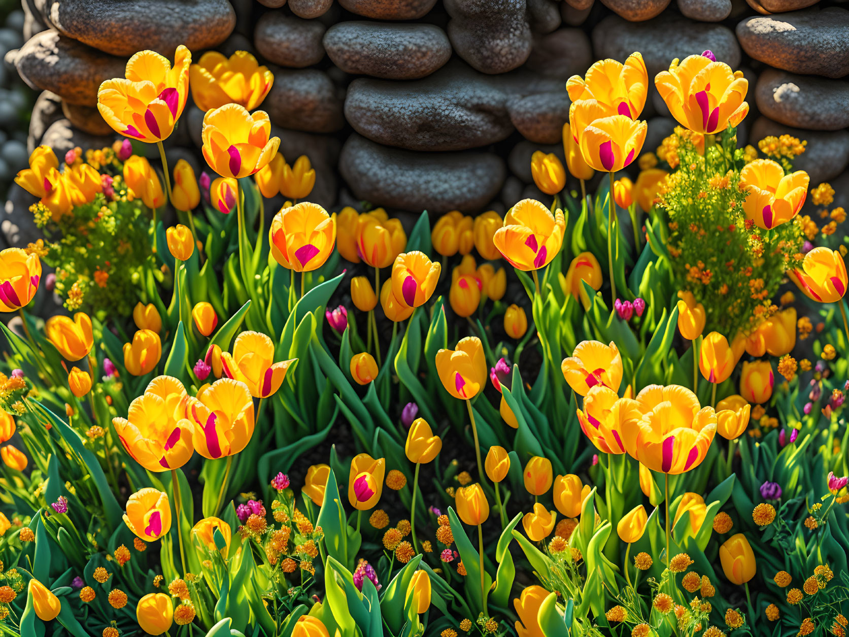 Colorful Tulips Blooming in Stone Garden