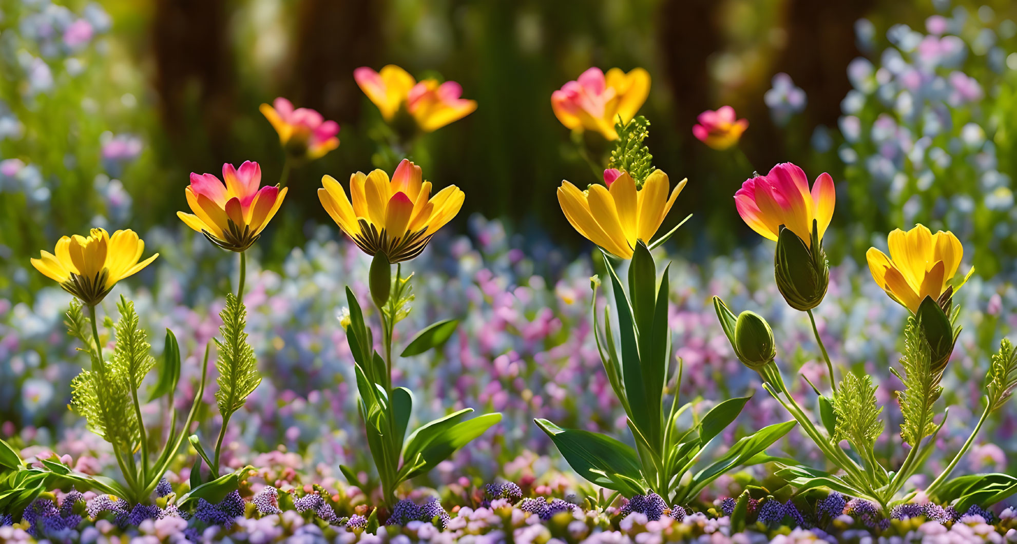 Colorful yellow and pink flowers in lush garden setting