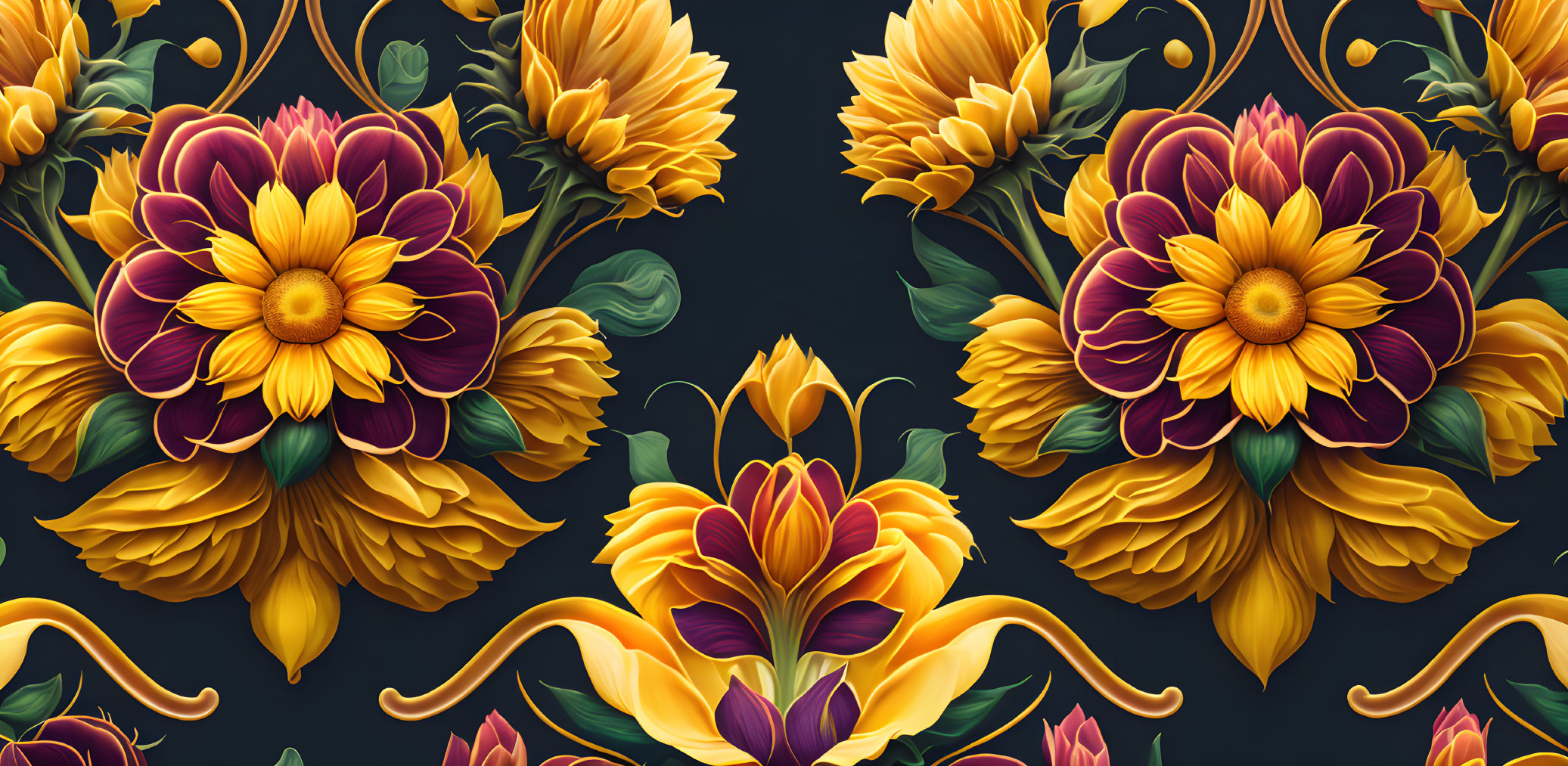 Yellow and Purple Floral Pattern on Dark Background