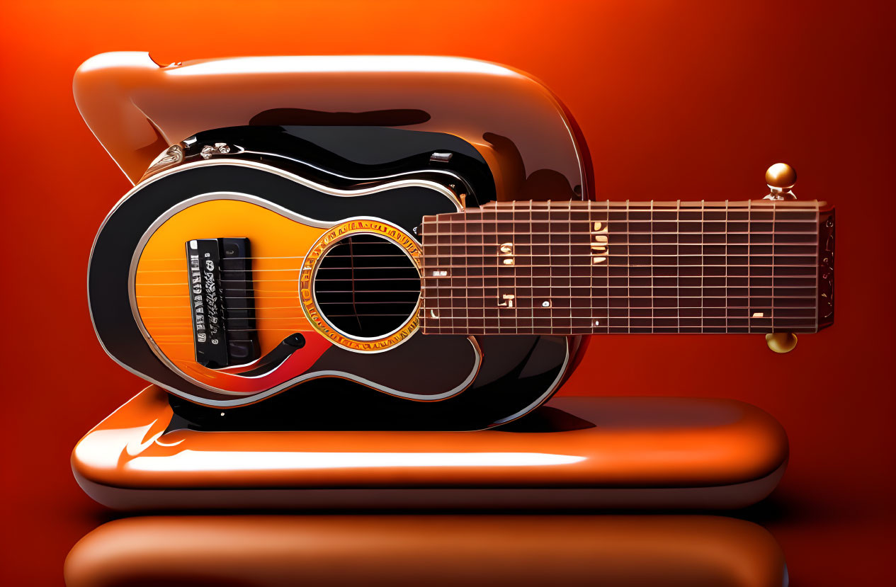 Melting acoustic guitar with cutaway, pickup, and six strings on orange surface with abstract background and