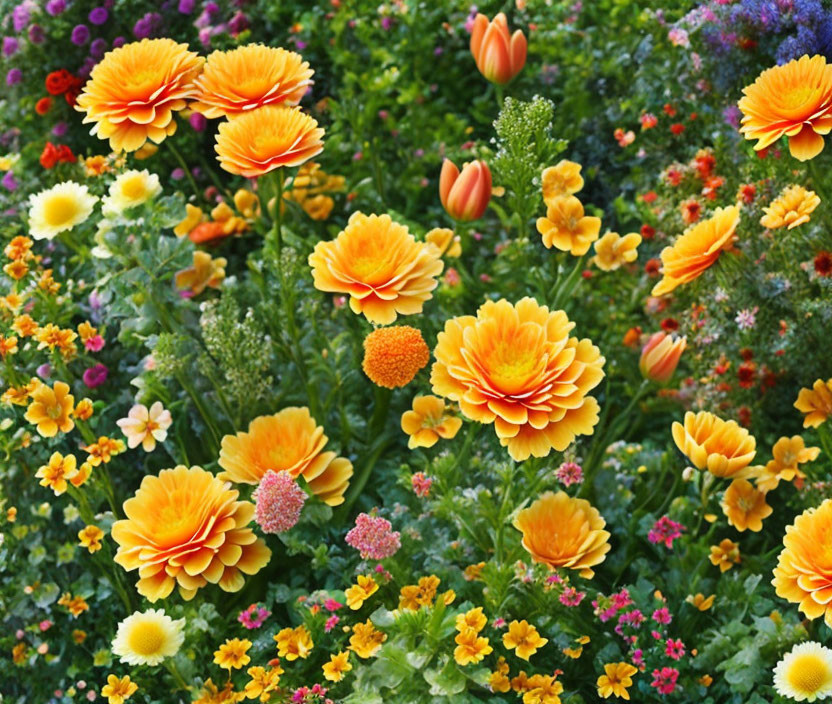 Colorful Garden Featuring Orange-Yellow Calendula Flowers