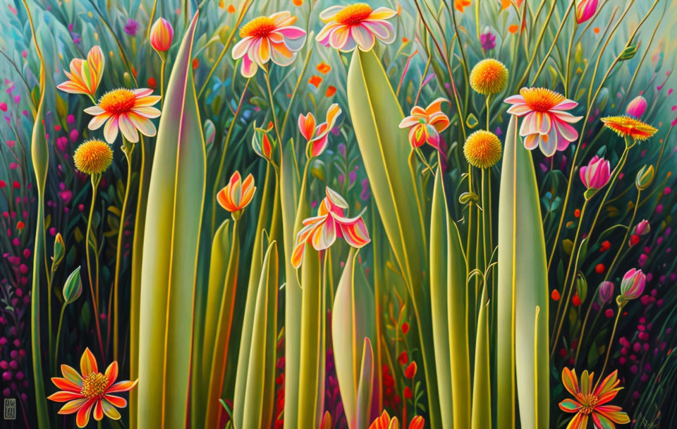 Colorful garden painting with tall green stalks and vibrant flowers on a dark backdrop