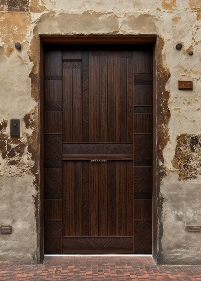 Dark wooden door with geometric patterns in aged wall and modern security equipment