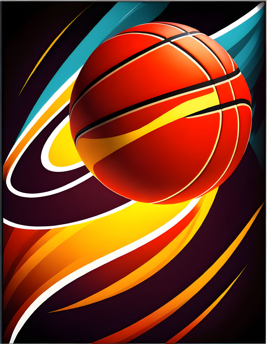 Colorful Stylized Basketball with Dynamic Red, Orange, and Blue Streaks