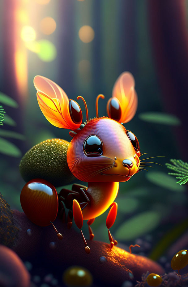 Cartoonish orange ant with wings in enchanted forest