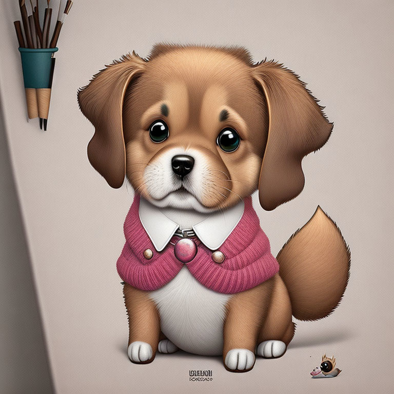 Adorable Puppy Illustration with Big Eyes and Pink Attire