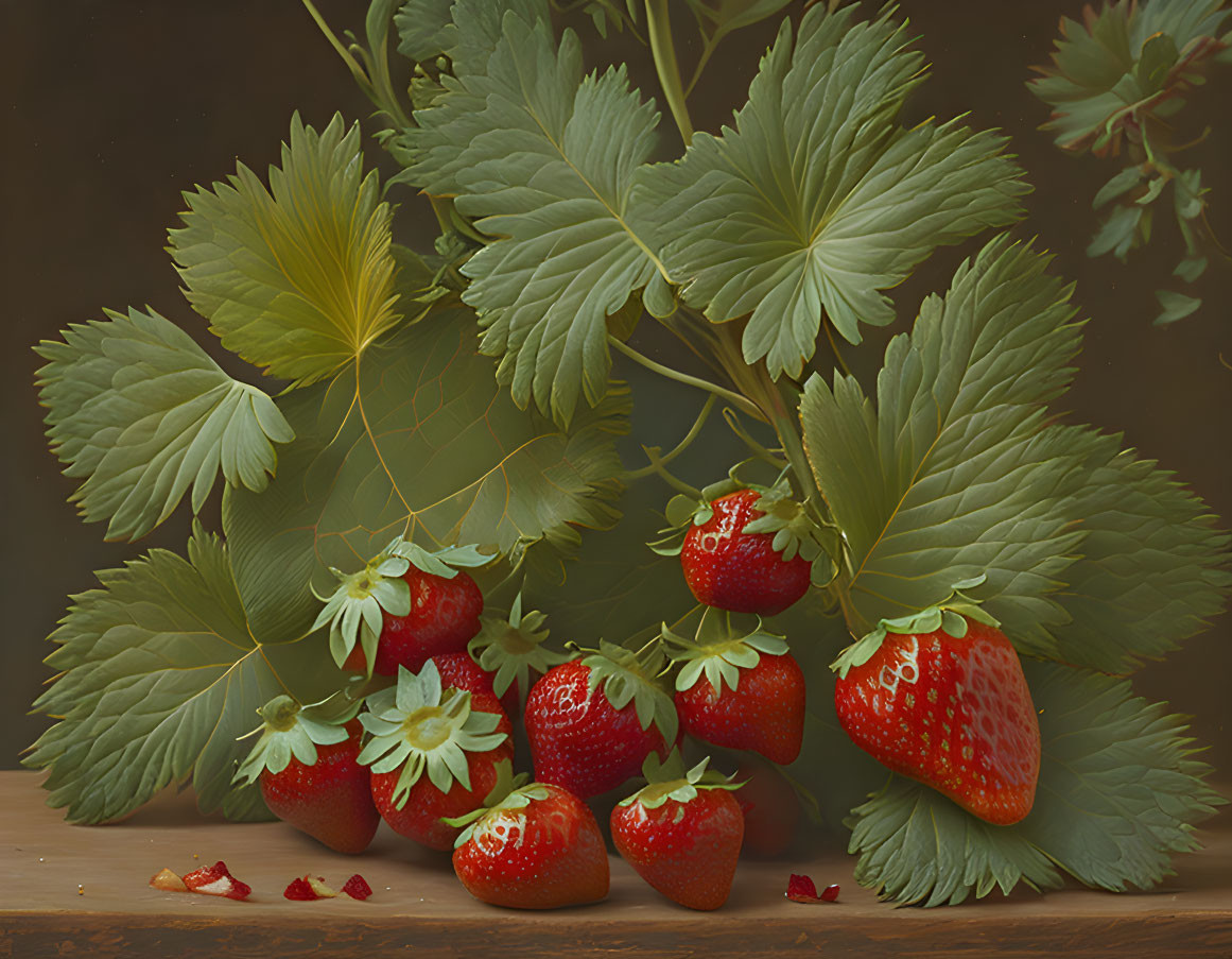 Fresh strawberries and green leaves on dark background.