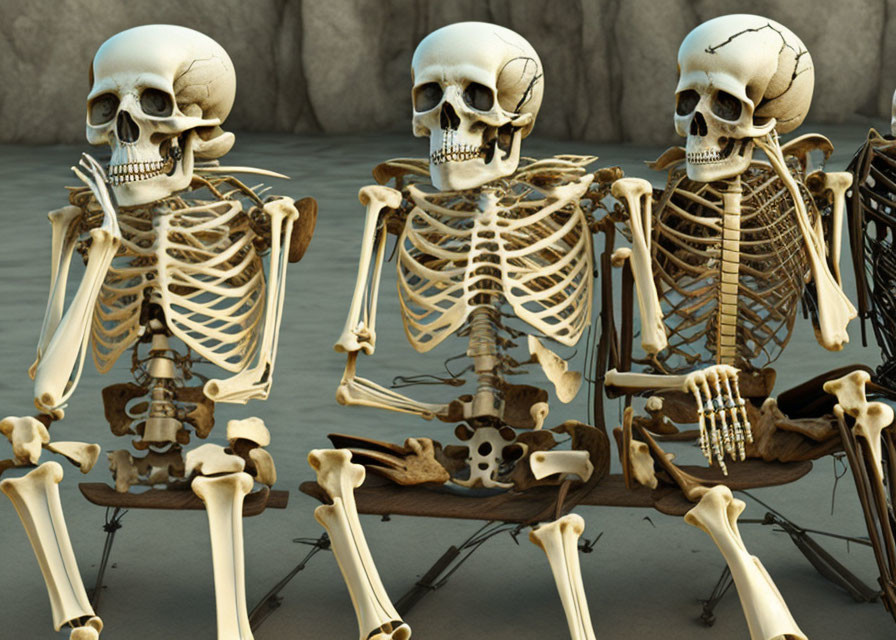 Three Skeletons in Various Poses Against Desolate Background