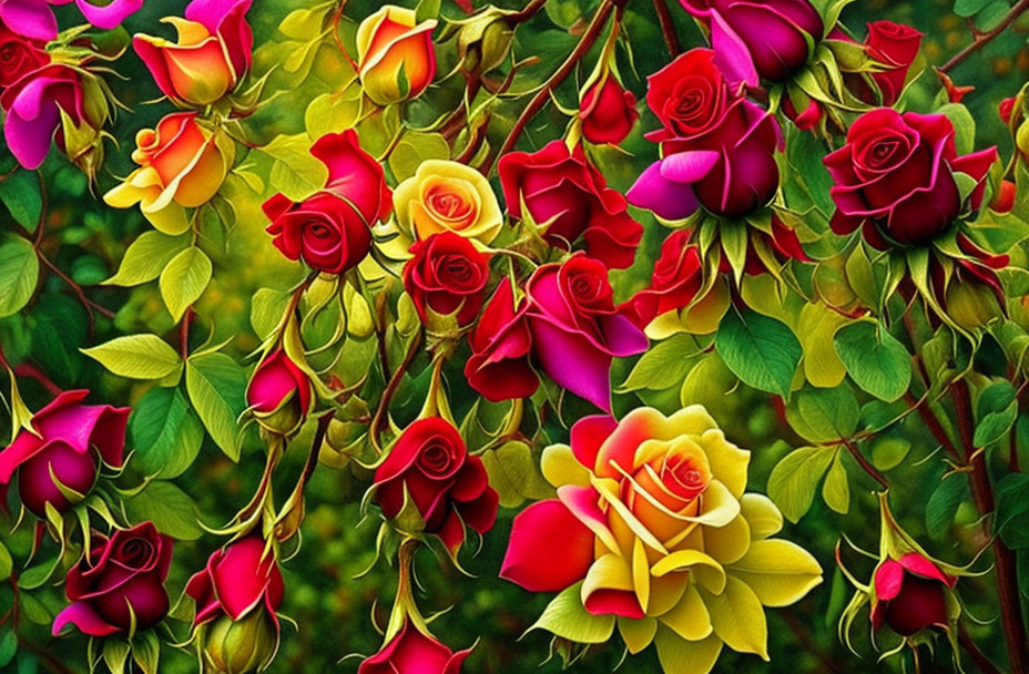 Colorful Blooming Roses on Green Leafy Background