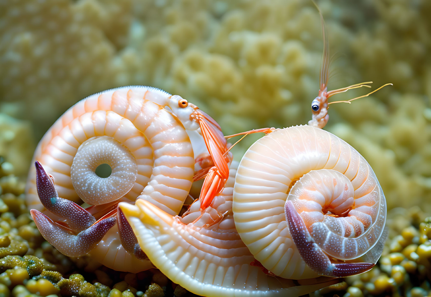 Orange Shrimps on Spiral White Shell in Soft Yellow Coral Background