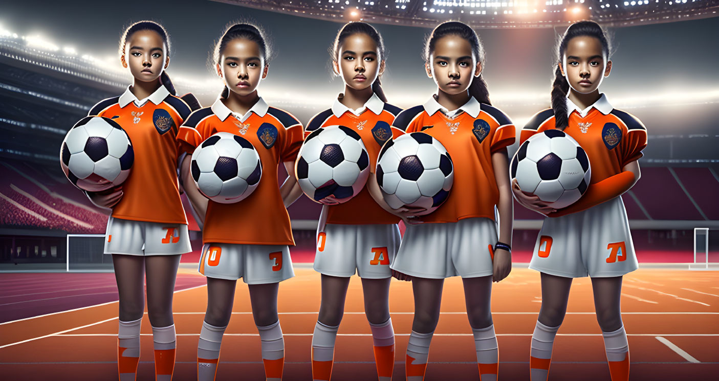 Five young female soccer players in orange uniforms on field with stadium lights