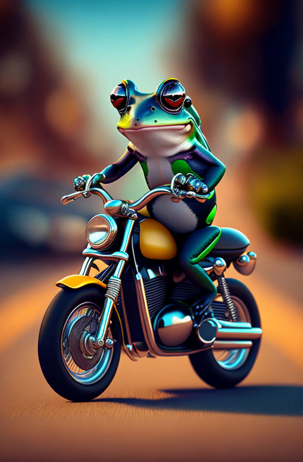 Stylized frog in black jacket and sunglasses riding motorcycle