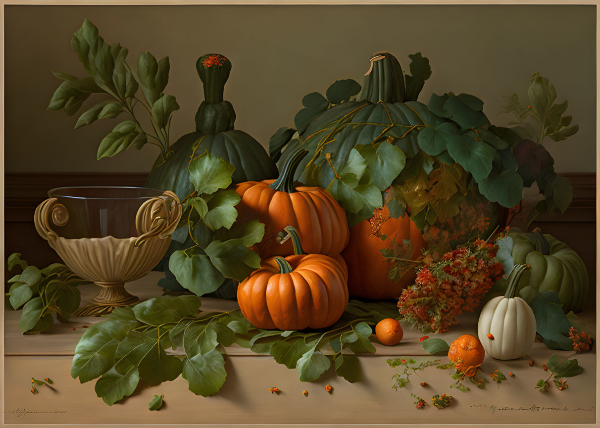 Still Life Painting: Pumpkins, Decorative Bowl, Greenery in Warm Palette