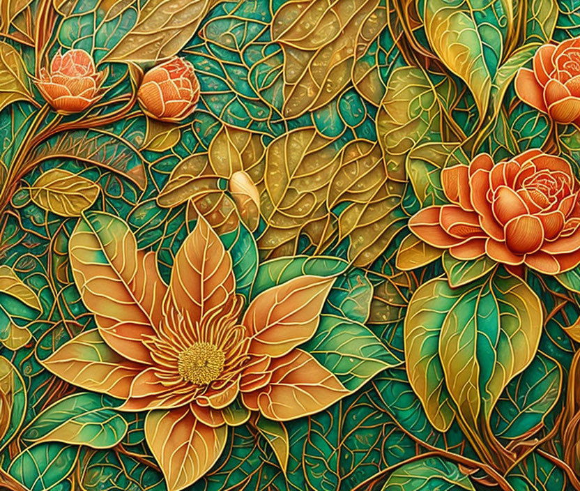 Colorful Orange and Peach Blooming Flowers in Detailed Illustration